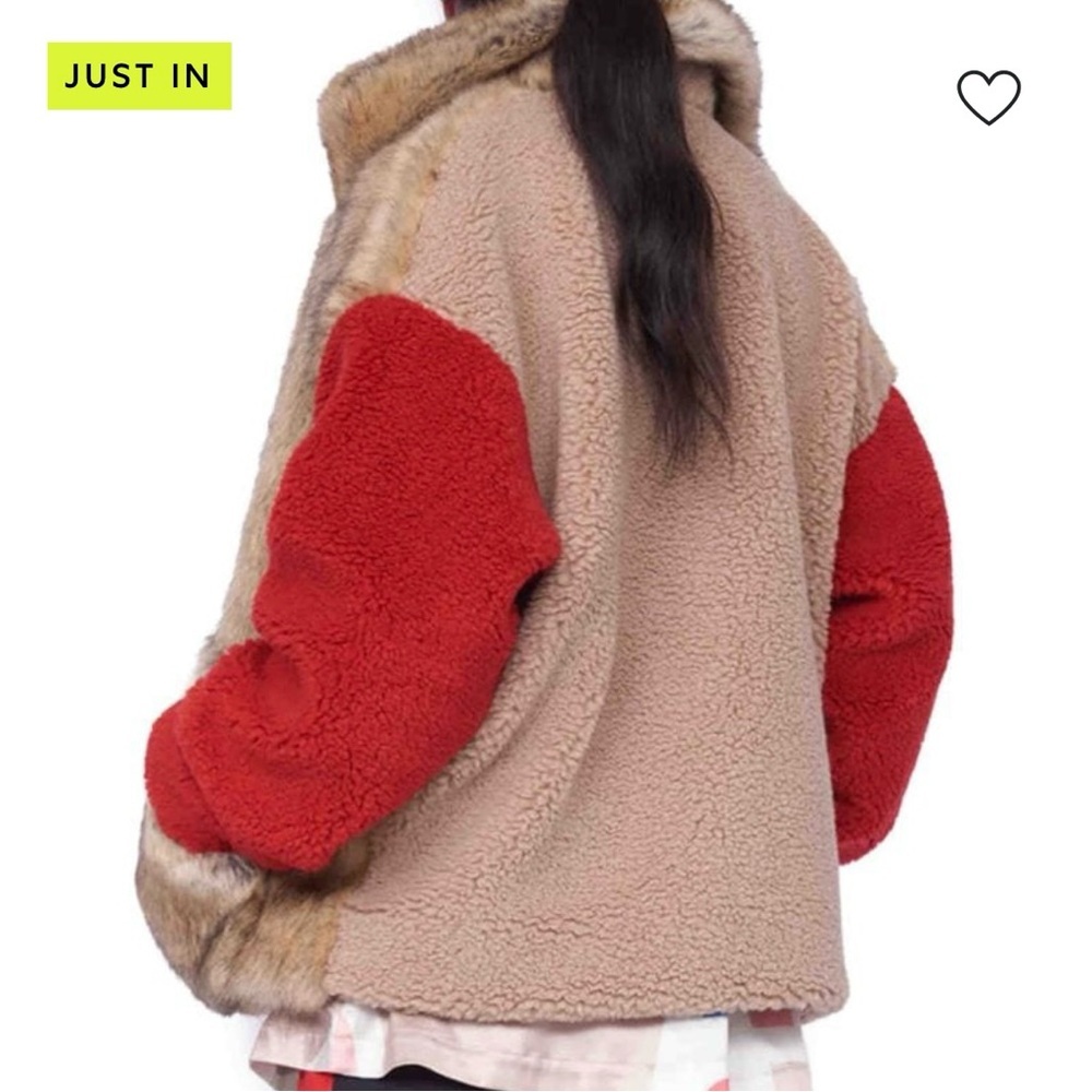 AlphaStyle Vegan Fur Color Block Sherpa Puffer Jacket Khaki Red Blush Size Large - Picture 3 of 8
